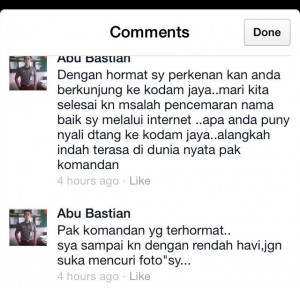 Si palsu ditantangin datang ke Kodam Jaya oleh Abu sebelum FB Abu Asli dinon aktifkan ( Pict : Abu Bastian)